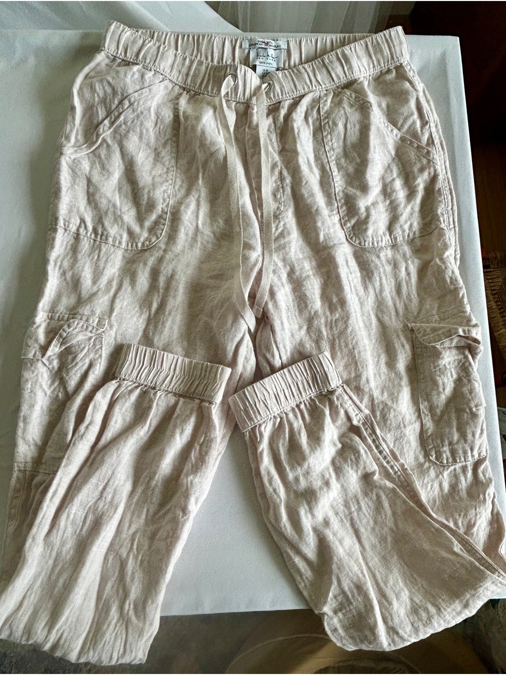 Nicole Miller 100% Linen Cargo Jogger Pants in Natural. Size Medium